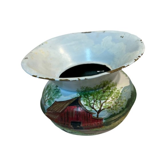 Vintage Hand Painted Red Barn Metal Vase Cottagecore  Farmhouse - Picture 1 of 12